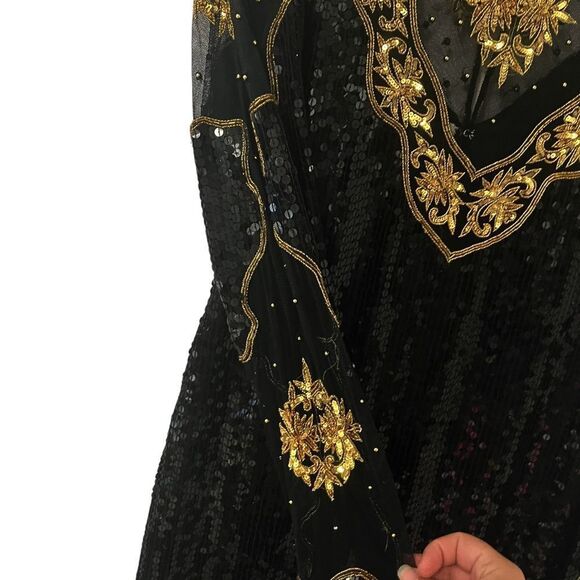 Judith Ann Creations Black & Gold 100% Silk Sequins Beaded Long Sleeve Gown Sz S - Picture 4 of 14